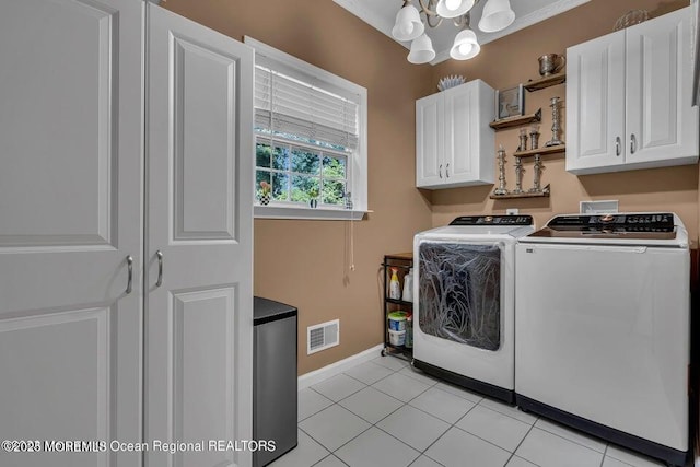 3688 Ridgeway Rd, Manchester, NJ 08759 - clothes washing area with independent washer and dryer, cabinet space, a chandelier, baseboards, and light tile patterned floors