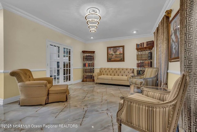 3688 Ridgeway Rd, Manchester, NJ 08759 - living area featuring french doors, ornamental molding, light marble finish flooring, baseboards, and a chandelier