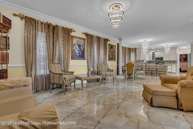 3688 Ridgeway Rd, Manchester, NJ 08759 - living area with light marble finish flooring, crown molding, and a chandelier