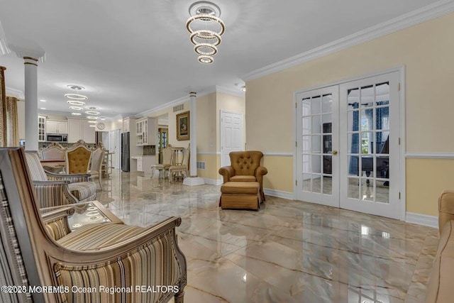3688 Ridgeway Rd, Manchester, NJ 08759 - living room featuring french doors, light marble finish flooring, a chandelier, and crown molding