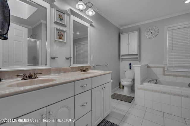 3688 Ridgeway Rd, Manchester, NJ 08759 - bathroom featuring tile patterned flooring, a shower stall, double vanity, toilet, and ornamental molding