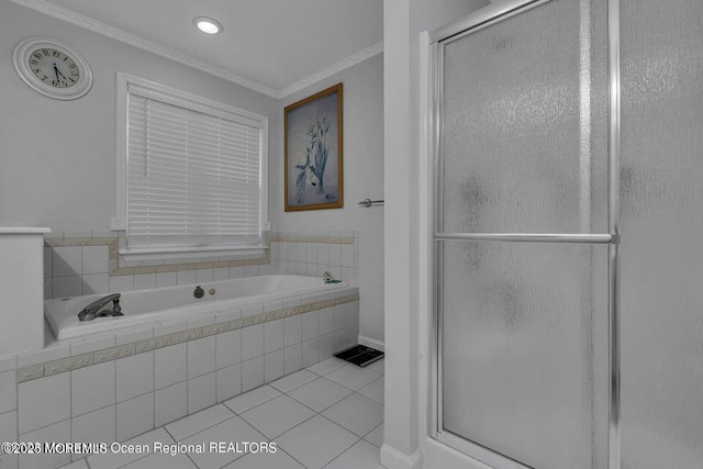 3688 Ridgeway Rd, Manchester, NJ 08759 - bathroom with tile patterned floors, a shower stall, crown molding, a bath, and recessed lighting