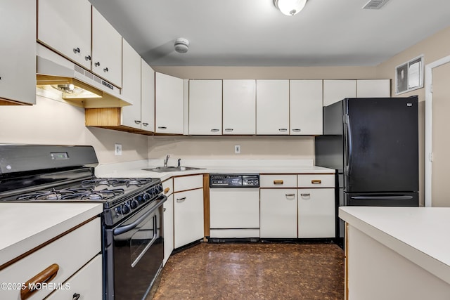 kitchen featuring black appliances, a sink, under cabinet range hood, light countertops, and white cabinets