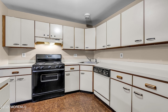 kitchen with white dishwasher, under cabinet range hood, black range with gas stovetop, and white cabinetry