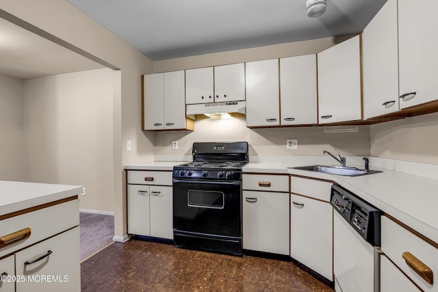 kitchen featuring gas stove, white dishwasher, a sink, under cabinet range hood, and light countertops