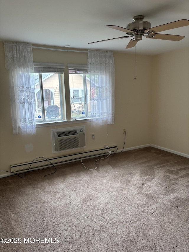 68D Yorktowne Pkwy, Whiting, NJ 08759 - unfurnished room with a baseboard radiator, a wall mounted AC, baseboards, carpet flooring, and ceiling fan
