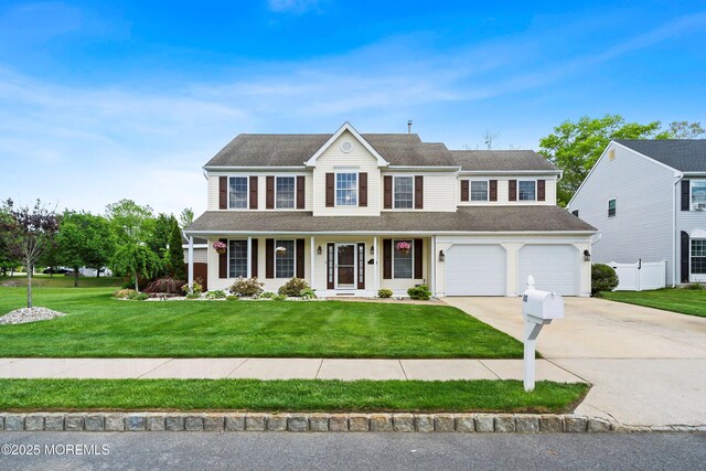 colonial house featuring driveway, a front yard, a porch, and a garage