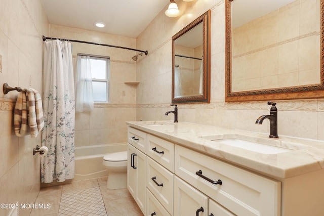 2 Nassau Pl, Middletown, NJ 07748 - full bathroom with tile walls, shower / bath combination with curtain, double vanity, tile patterned floors, and toilet