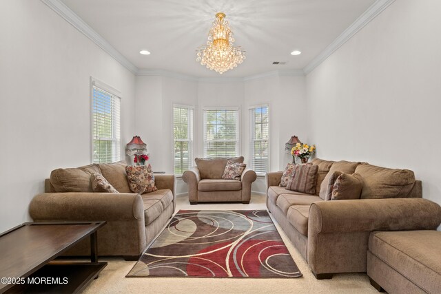 43 Morgan Way Unit 43, Monroe, NJ 08831 - carpeted living room featuring a chandelier, crown molding, and recessed lighting
