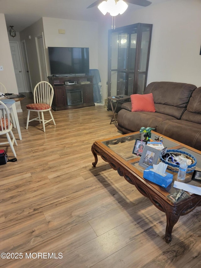 living area featuring wood finished floors and a ceiling fan