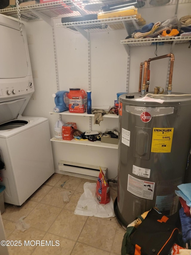 utilities featuring electric water heater, stacked washing maching and dryer, and a baseboard heating unit