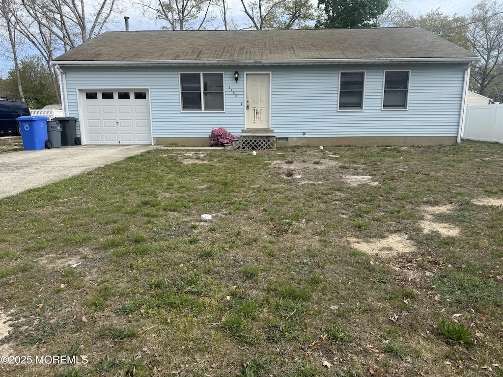 1156 Fathom Ave, Manahawkin, NJ 08050 - ranch-style home with a garage, a shingled roof, a front lawn, driveway, and entry steps