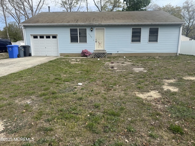 ranch-style home with a garage, a shingled roof, a front lawn, driveway, and entry steps