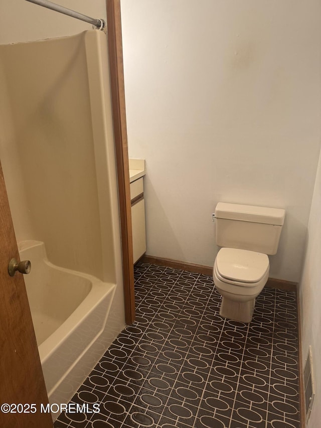 full bath with toilet, walk in shower, visible vents, a tub, and vanity
