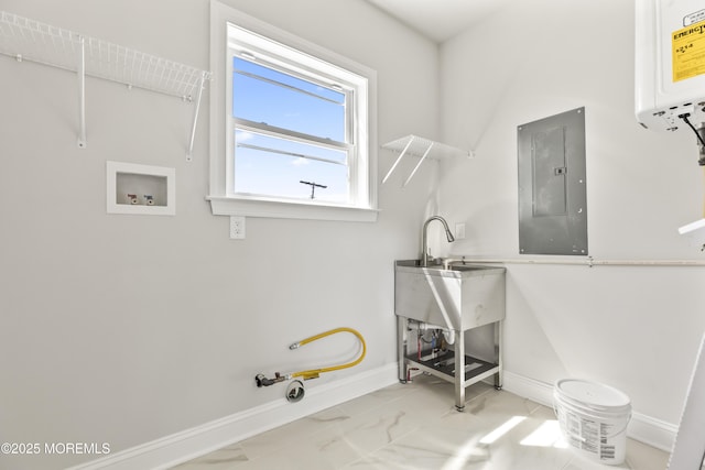 204 Morningside Ave, Union Beach, NJ 07735 - laundry room with electric panel, baseboards, water heater, marble look tiles, and hookup for a washing machine
