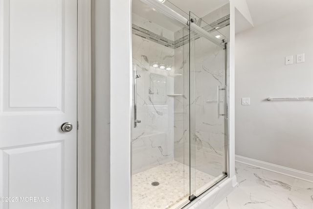 204 Morningside Ave, Union Beach, NJ 07735 - bathroom featuring a marble finish shower, marble finish floors, and baseboards