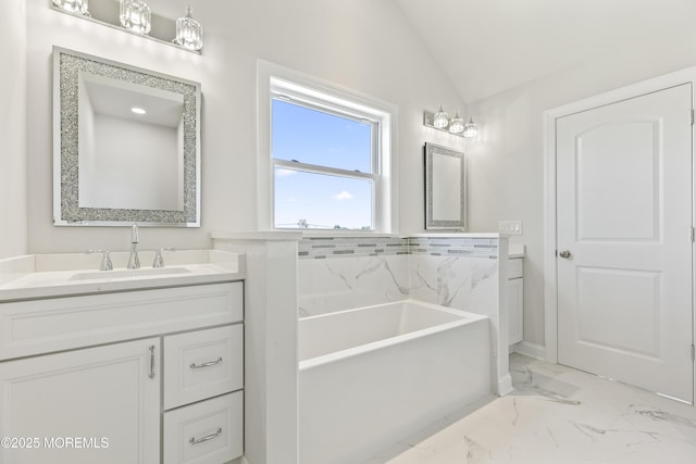 204 Morningside Ave, Union Beach, NJ 07735 - bathroom with marble finish flooring, a bath, vaulted ceiling, and vanity