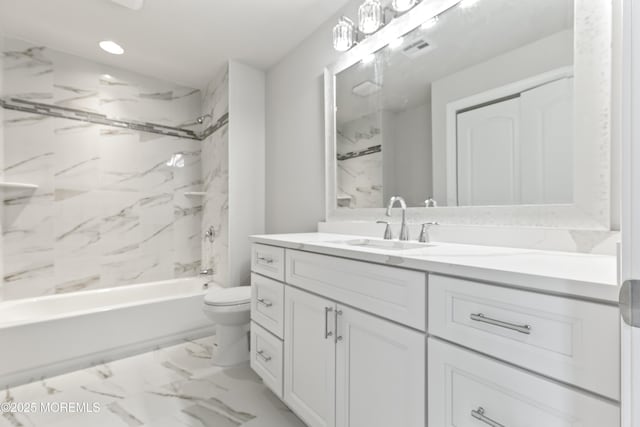 204 Morningside Ave, Union Beach, NJ 07735 - bathroom with vanity, toilet, shower / tub combination, recessed lighting, and marble finish floors