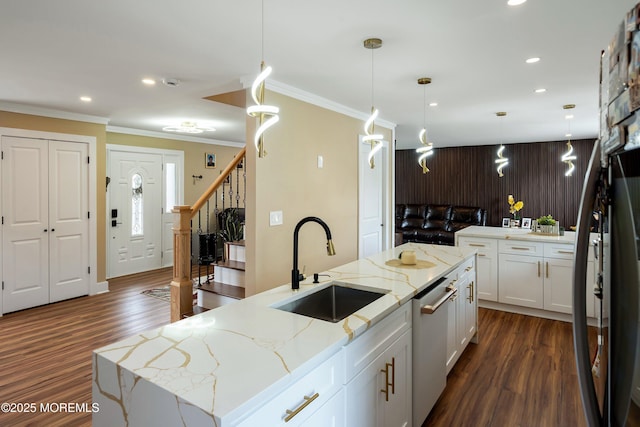 131 Locust St, Tuckerton, NJ 08087 - kitchen featuring stainless steel dishwasher, a sink, white cabinetry, crown molding, and dark wood-type flooring
