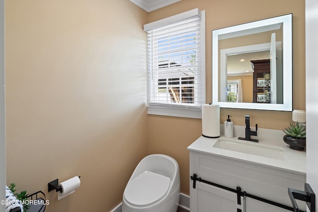 131 Locust St, Tuckerton, NJ 08087 - half bathroom with vanity, toilet, and crown molding