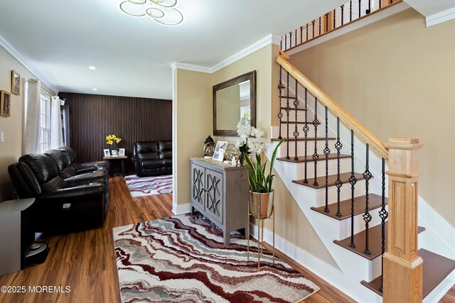 131 Locust St, Tuckerton, NJ 08087 - stairway with crown molding, baseboards, and wood finished floors
