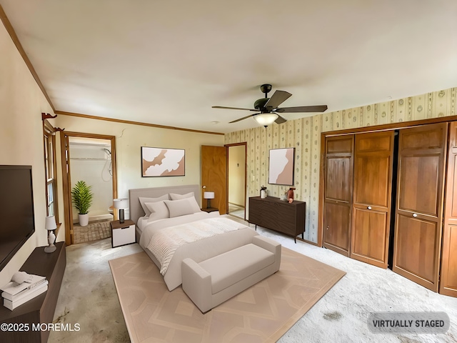 bedroom with ceiling fan, light carpet, a closet, and wallpapered walls