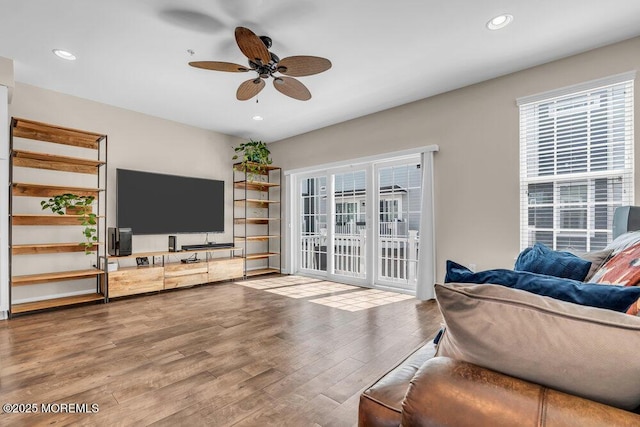 600 Grand Ave Unit 7C, Asbury Park, NJ 07712 - living area with a ceiling fan, wood finished floors, recessed lighting, and stairway