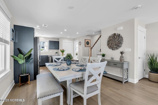 6 Shell Rd, Mantoloking, NJ 08738 - dining room with stairs, light wood-style flooring, baseboards, and recessed lighting
