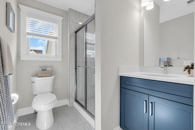 6 Shell Rd, Mantoloking, NJ 08738 - bathroom with a shower stall, baseboards, toilet, marble look tile flooring, and vanity