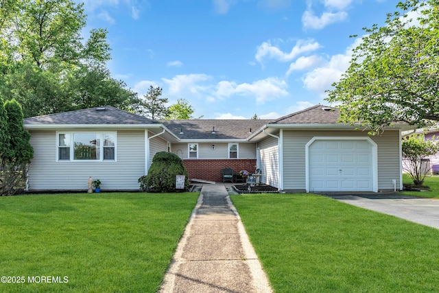 single story home with asphalt driveway, a front lawn, an attached garage, and a shingled roof