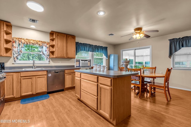 kitchen featuring stainless steel appliances, open shelves, a sink, a ceiling fan, and light wood-type flooring