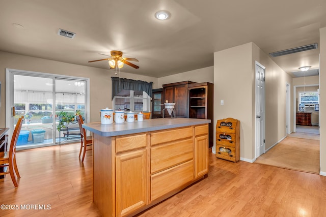 kitchen with ceiling fan, light wood-style flooring, healthy amount of natural light, and light countertops