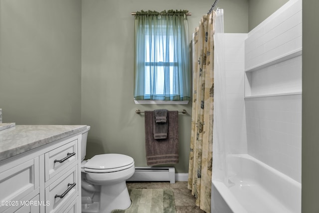 full bath featuring a baseboard heating unit, vanity, toilet, and shower / bath combo with shower curtain