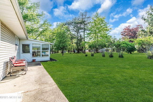 view of green lawn featuring a sunroom and a patio area