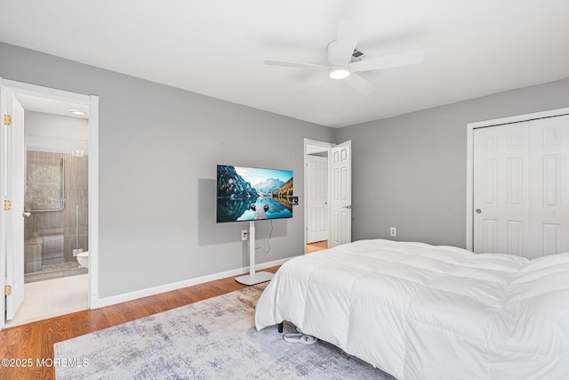 9 Zapata Ct, Toms River, NJ 08757 - bedroom with wood finished floors, baseboards, a closet, ensuite bath, and a ceiling fan