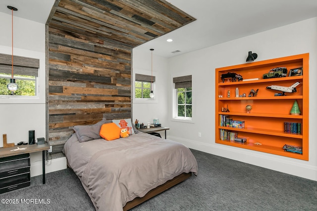5 Laurel Ln, Rumson, NJ 07760 - bedroom featuring dark colored carpet, baseboards, wooden walls, and recessed lighting