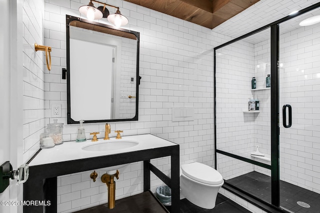 5 Laurel Ln, Rumson, NJ 07760 - bathroom featuring a sink, tile walls, toilet, and a shower stall