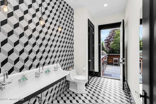 5 Laurel Ln, Rumson, NJ 07760 - bathroom with an accent wall, toilet, and recessed lighting
