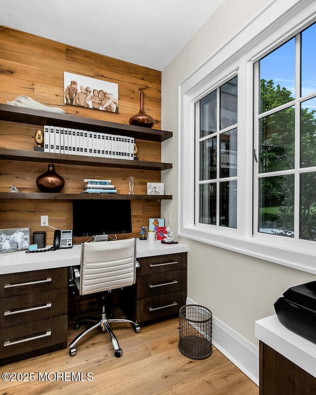 5 Laurel Ln, Rumson, NJ 07760 - office space with baseboards, built in study area, light wood-type flooring, and wooden walls