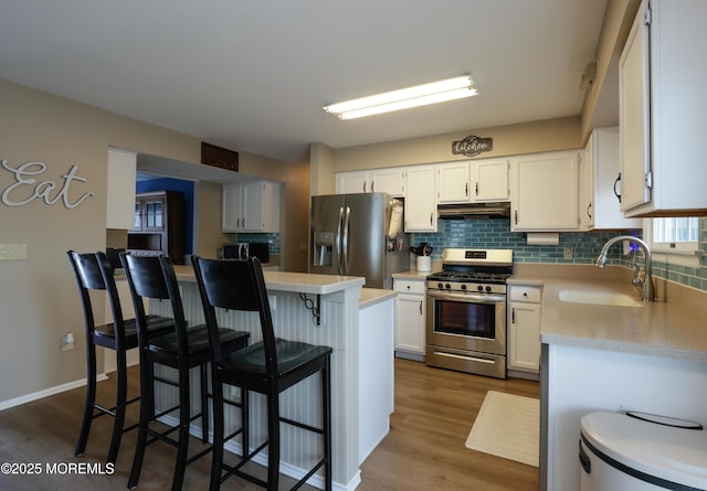204 Stormy Rd, Manahawkin, NJ 08050 - kitchen featuring appliances with stainless steel finishes, a sink, under cabinet range hood, and decorative backsplash
