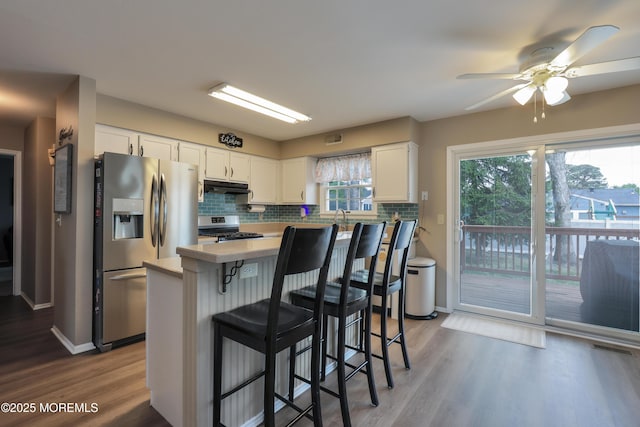 204 Stormy Rd, Manahawkin, NJ 08050 - kitchen with appliances with stainless steel finishes, under cabinet range hood, light countertops, ceiling fan, and white cabinetry