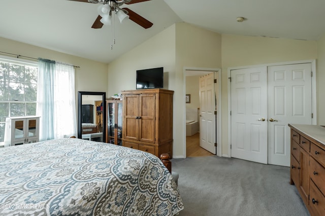 204 Stormy Rd, Manahawkin, NJ 08050 - bedroom featuring carpet floors, lofted ceiling, ceiling fan, a closet, and ensuite bathroom