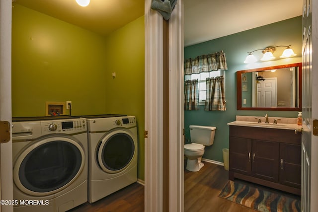 204 Stormy Rd, Manahawkin, NJ 08050 - washroom with washer and clothes dryer, dark wood finished floors, and baseboards