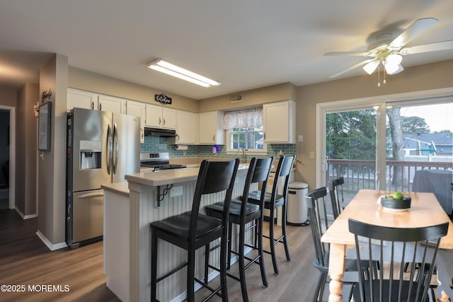 204 Stormy Rd, Manahawkin, NJ 08050 - kitchen featuring appliances with stainless steel finishes, under cabinet range hood, a ceiling fan, light countertops, and white cabinets