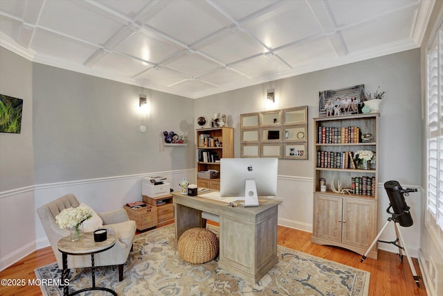 460 Christine Ct, Freehold, NJ 07728 - office area with coffered ceiling, crown molding, light wood-style flooring, and baseboards