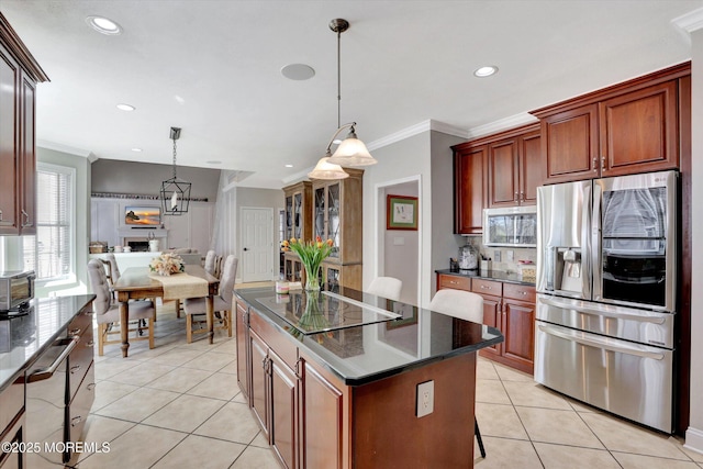 460 Christine Ct, Freehold, NJ 07728 - kitchen with recessed lighting, black electric cooktop, stainless steel fridge with ice dispenser, and light tile patterned flooring