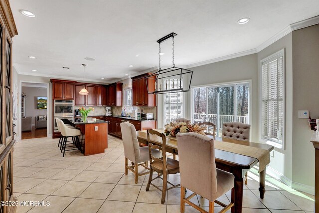 460 Christine Ct, Freehold, NJ 07728 - dining area featuring a chandelier, ornamental molding, light tile patterned floors, and recessed lighting