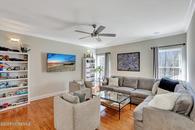 460 Christine Ct, Freehold, NJ 07728 - living room featuring ceiling fan, light wood-style flooring, and crown molding