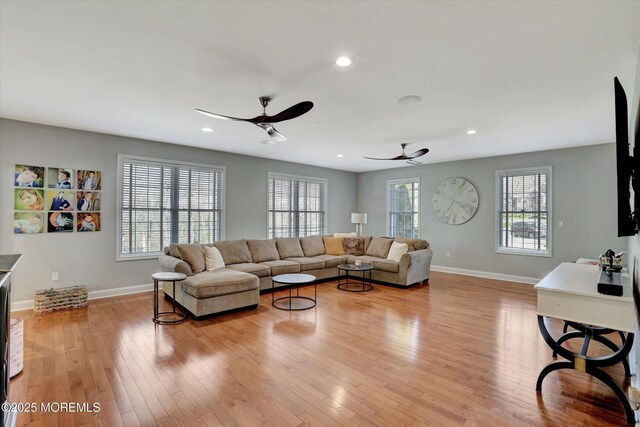 460 Christine Ct, Freehold, NJ 07728 - living area featuring light wood-type flooring, baseboards, a ceiling fan, and recessed lighting