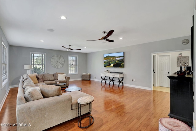 460 Christine Ct, Freehold, NJ 07728 - living area featuring baseboards, recessed lighting, light wood finished floors, and ceiling fan